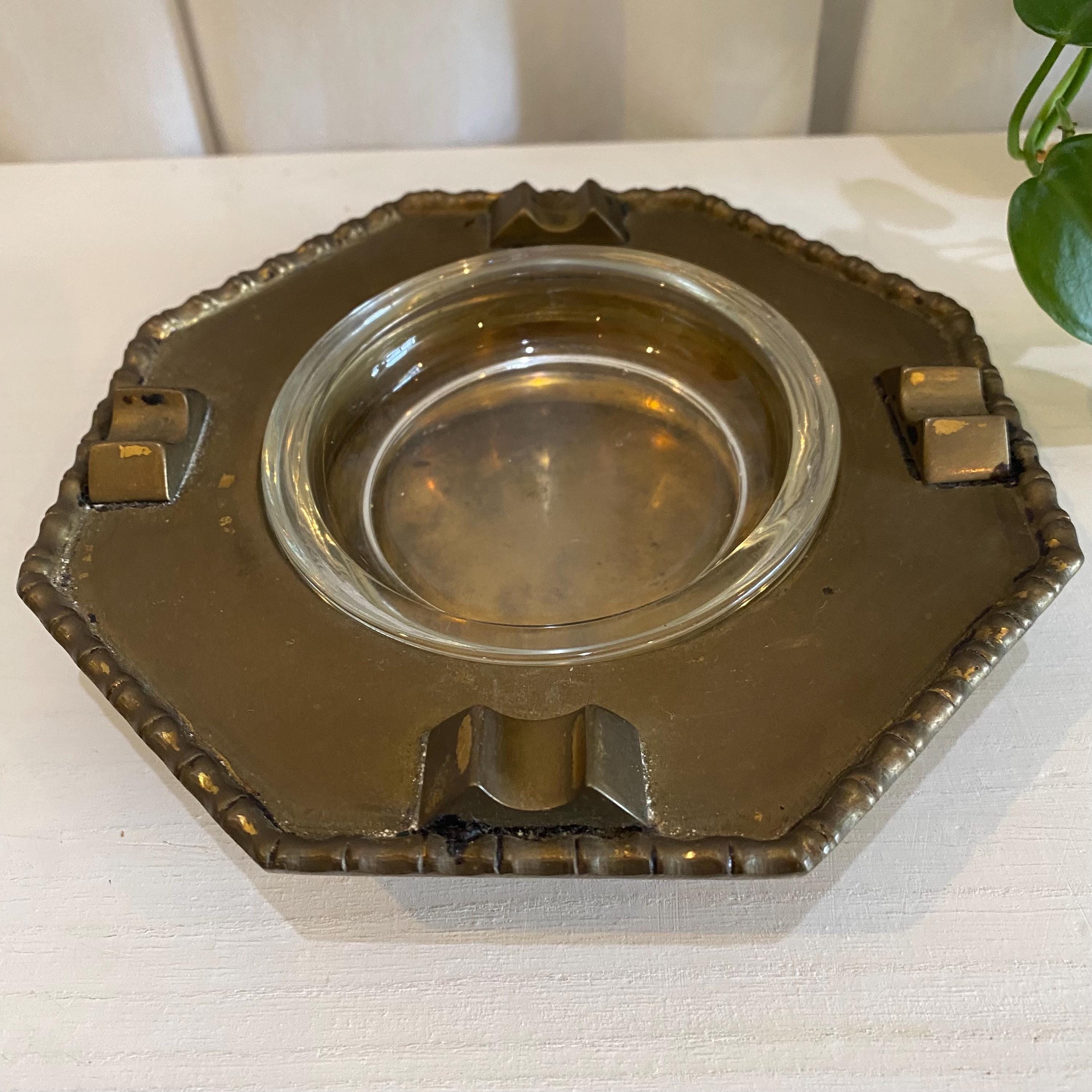 Removeable Glass Insert Brass Octagonal Ashtray With Removable Glass Insert - 4 Cigarette Slots ...