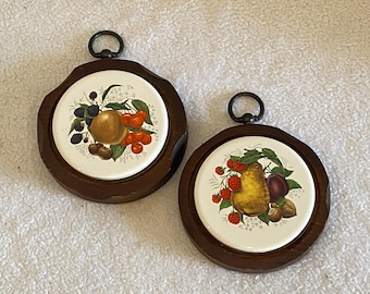 Round Wood Wall Plaques with Center Ceramic Tiles with Fruit Motif  - Set of 2 - Vintage