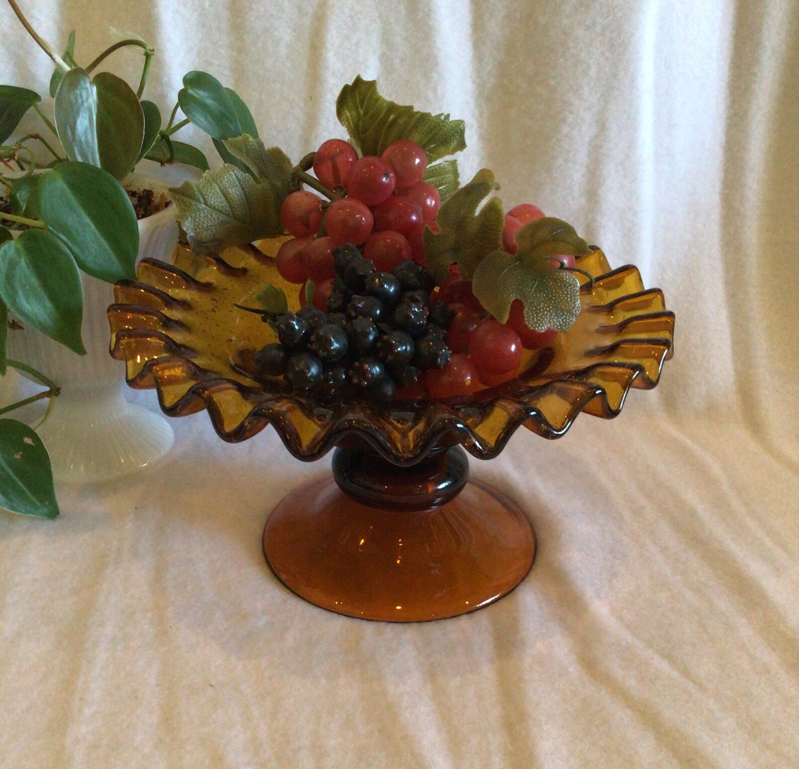 Vintage Dark Amber Fluted/Ruffle Rim Heavy Glass Pedestal Bowl Etsy