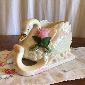 Swan Sleigh Planter- Pink Accents and Flower- Lusterware- Vintage