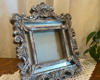 Aged Silvertone Ornate Picture Frame - Baroque Style - Mirrored Border - Small Picture  - Vintage