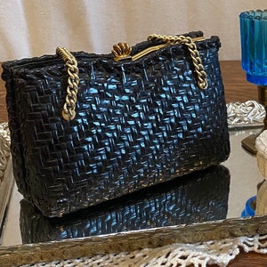 Blue & Gold Rattan Woven Handbag