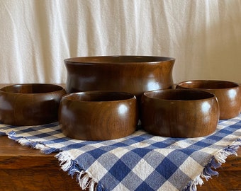 Wood Salad Bowl 5 Piece Set - Walnut -Vintage