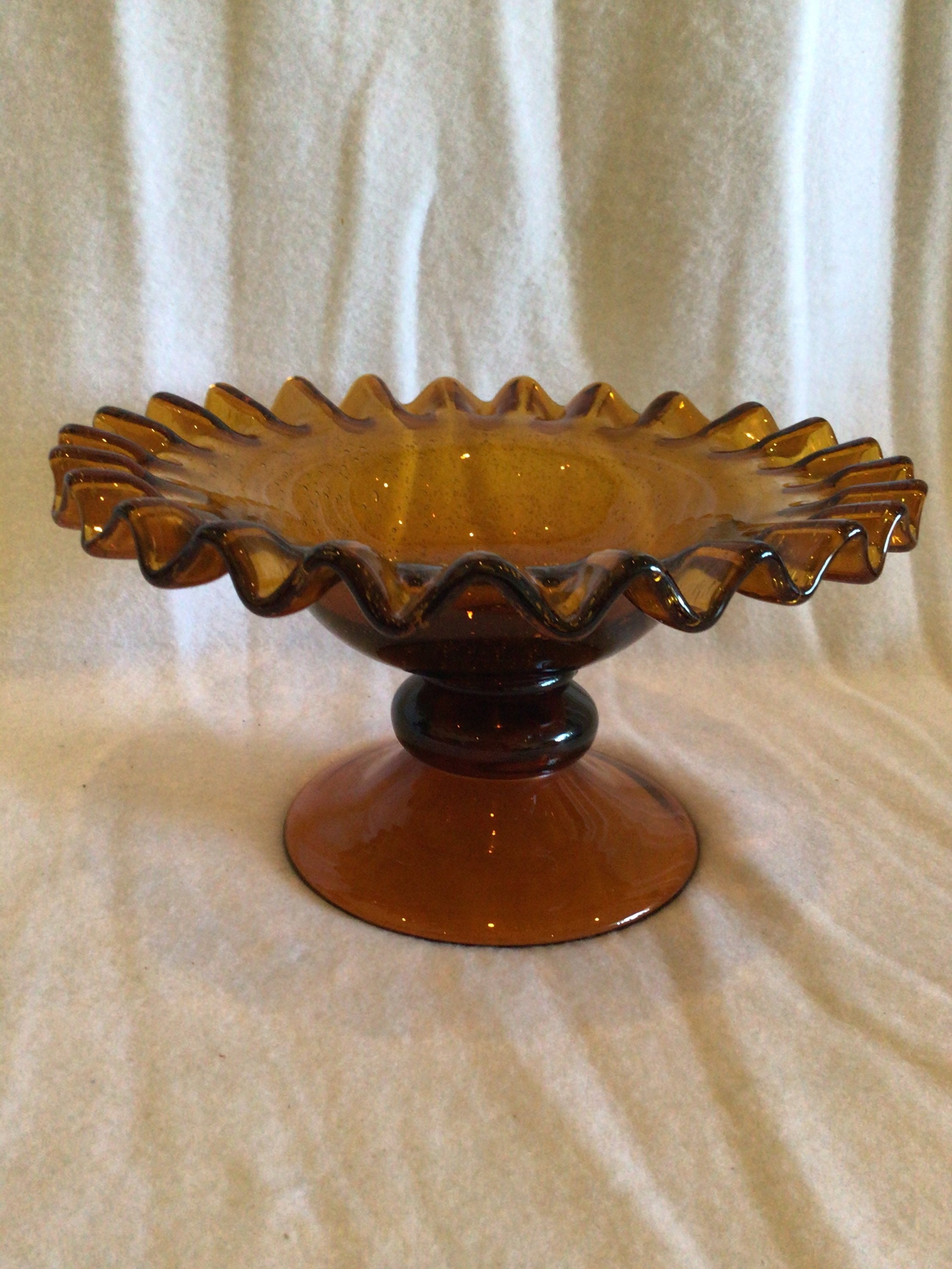 Vintage Dark Amber Fluted/Ruffle Rim Heavy Glass Pedestal Bowl Etsy