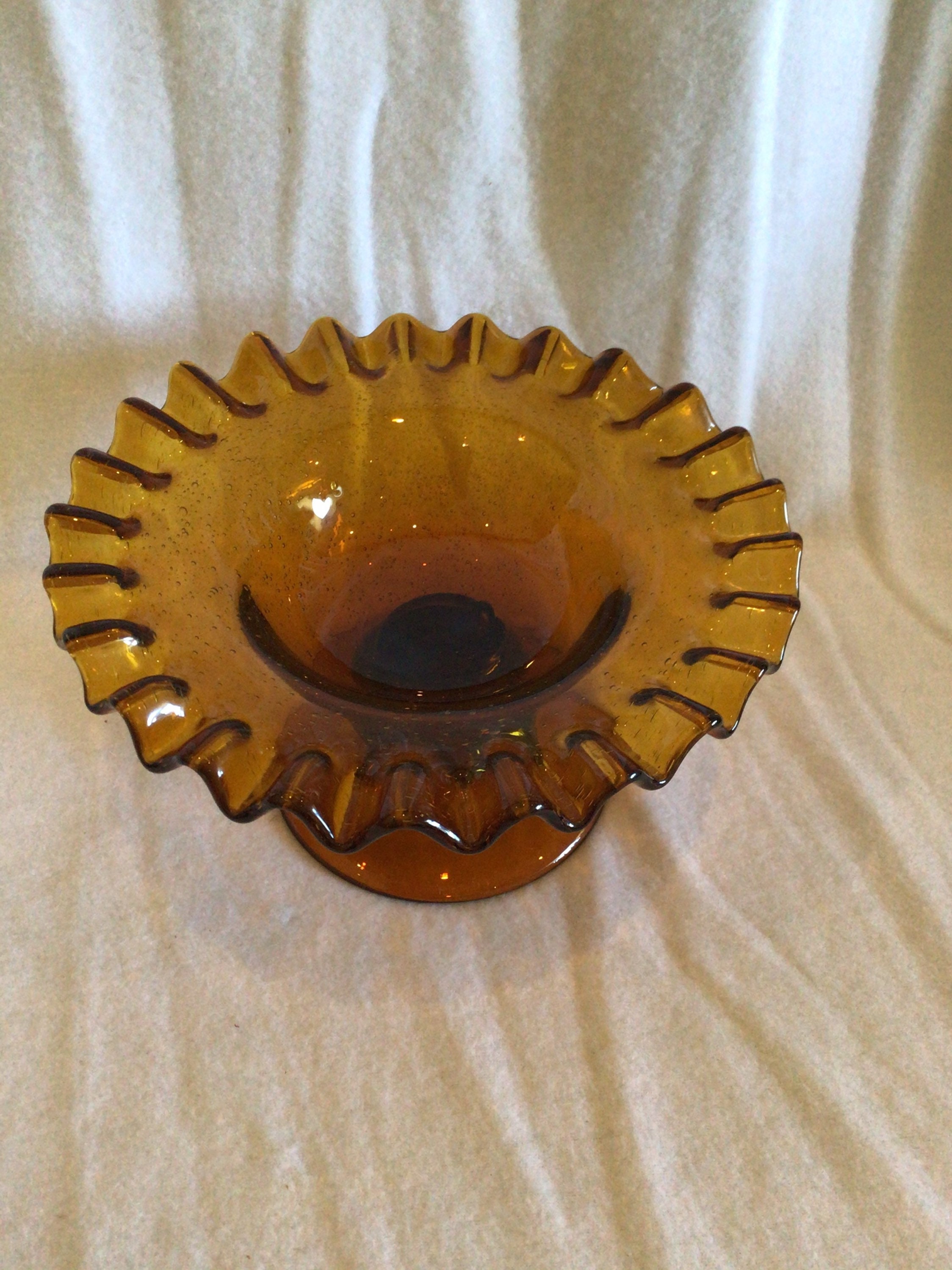 Vintage Dark Amber Fluted/Ruffle Rim Heavy Glass Pedestal Bowl Etsy