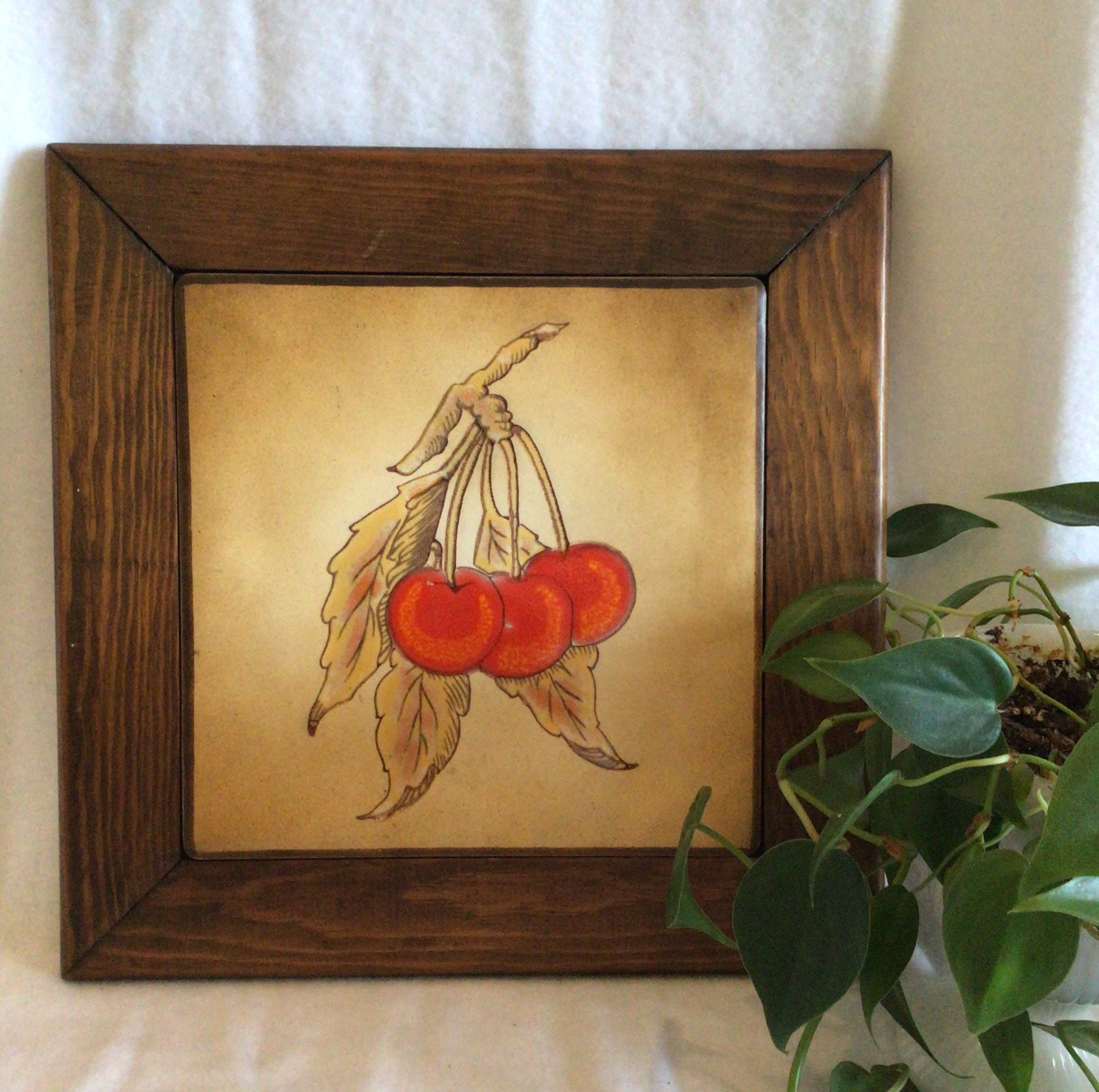 Vintage Wood Framed Ceramic Tile Wall Decor of a Cherry Sprig Etsy