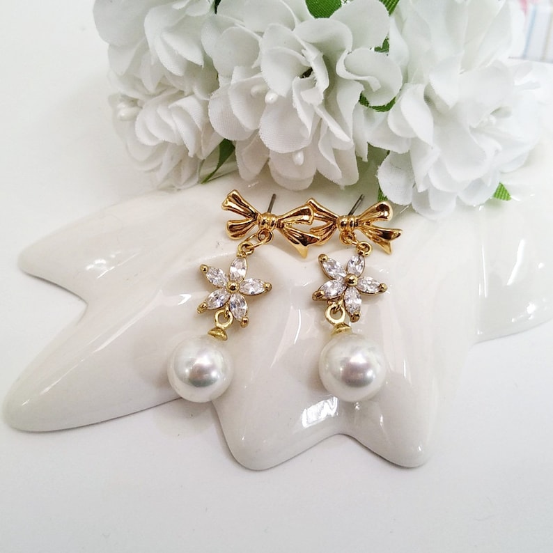 cubic zirconia studs gold plated cubic zirconia dangle earrings bridal pearl earrings pearl and flower earrings Bow classic pearl studs