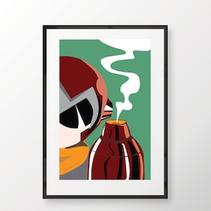 May include: A red and white robot character with a black visor and orange scarf stands next to a brown bottle with a white plume of smoke coming from the top.