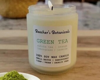 Green Tea Candle | Matcha, Lemongrass, Orange, Jasmine | 100% Soy Wax | Handpoured | Clean Burning | Vegan | Cruelty Free