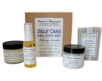 SELF CARE spa gift set | luxurious + relaxing bath essentials | soy candle, bath salt, organic soap, body oil liquid moisturizer