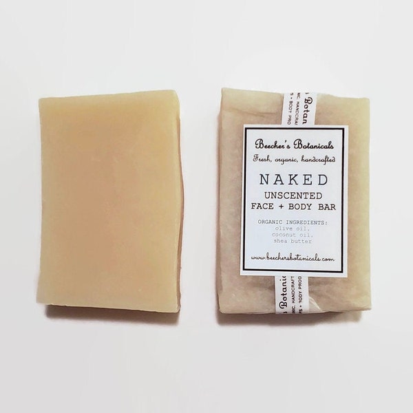 naked UNSCENTED face cleanser + body wash | shea butter + olive oil soap bar | organic vegan zero waste beauty