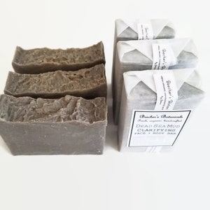 May include: Three bars of gray Dead Sea Mud Clarifying Face + Body Bar soap, wrapped in white paper with the product name and description printed on the label.