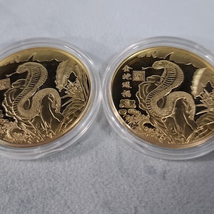 May include: Two gold-colored coins with a snake design in a clear plastic case. The coins feature a snake with a detailed design and Chinese characters.