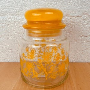 Vintage Yellow Flowers Glass Jar Canister Apothecary W/Yellow Lid 5.5&quot;
