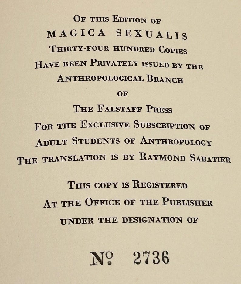 1934 Magica Sexualis Primera Edición Libro de ocultismo Laurent Nagour Falstaff Press Copia limitada numerada Antiguo Raro imagen 2