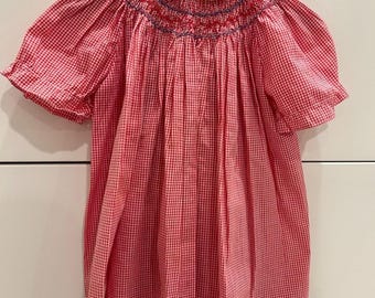 Vintage Polly Flinders Red Gingham Smocked Dress, Toddler Girls Bishop Outfit 3T, Red White Check Heirloom Outfit, Scalloped Collar 70s 80s