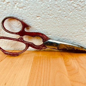 May include: Vintage red and silver scissors with a serrated edge and large finger holes. The scissors are resting on a wooden surface with a white wall in the background. The scissors appear to be well-used.
