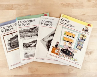 Lot de 4 livres, comment dessiner, Walter Foster - Personnages de bandes dessinées, animaux, paysages, transports - Ensemble d'instructions artistiques rétro des années 1980
