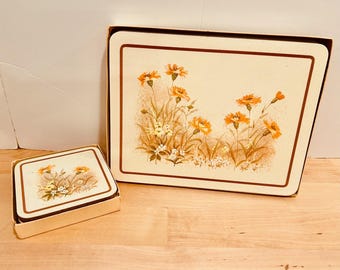 Vintage M&S St Michael Placemats and Coasters Set, Retro Orange Floral Table Decor, 1970s British Kitchen, Cottagecore Dining