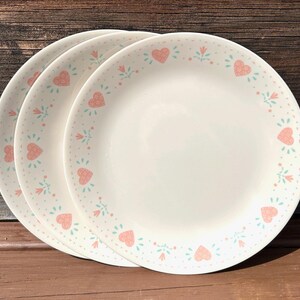 Vintage Corelle Forever Yours Dinner Plates Set of 3 | Pink Hearts Teal Leaves | Retro 1990s Corning USA Dinnerware 10.25"