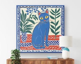 Blue Cat Matisse Style Art Print: Mid-Century Modern Home Decor