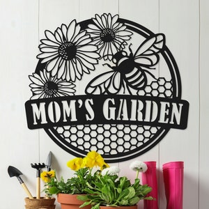 Mom&#39;s Garden Metal Bee Sign: Powder Coated She Shed Decor
