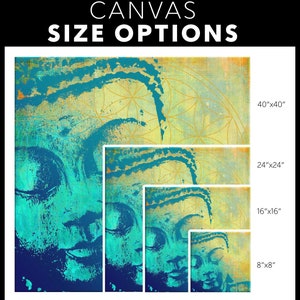 May include: A digital art print of a blue and green Buddha face with a yellow geometric pattern in the background. The image shows different sizes available for purchase: 40"x40", 24"x24", 16"x16", and 8"x8".
