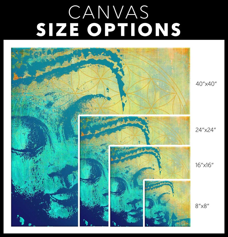 May include: A digital art print of a blue and green Buddha face with a yellow geometric pattern in the background. The image shows different sizes available for purchase: 40"x40", 24"x24", 16"x16", and 8"x8".