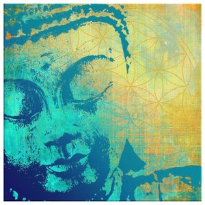 May include: Abstract painting of a face with a turquoise and blue colour scheme. The face is partially obscured by a geometric pattern in gold.