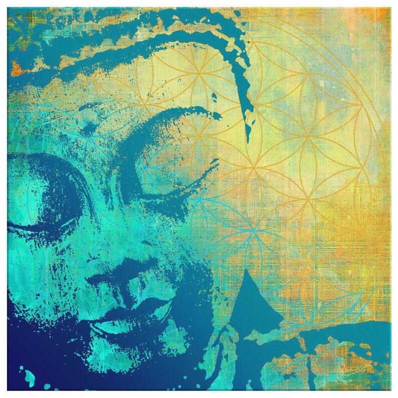 May include: Abstract painting of a face with a turquoise and blue colour scheme. The face is partially obscured by a geometric pattern in gold.