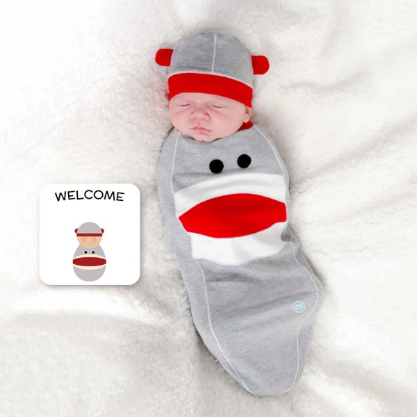 Newborn Costume Sock Monkey Swaddle Blanket Set Baby Basket Halloween Costume Football Blanket Infant Boy Clothes • CPSIA Safety Certified
