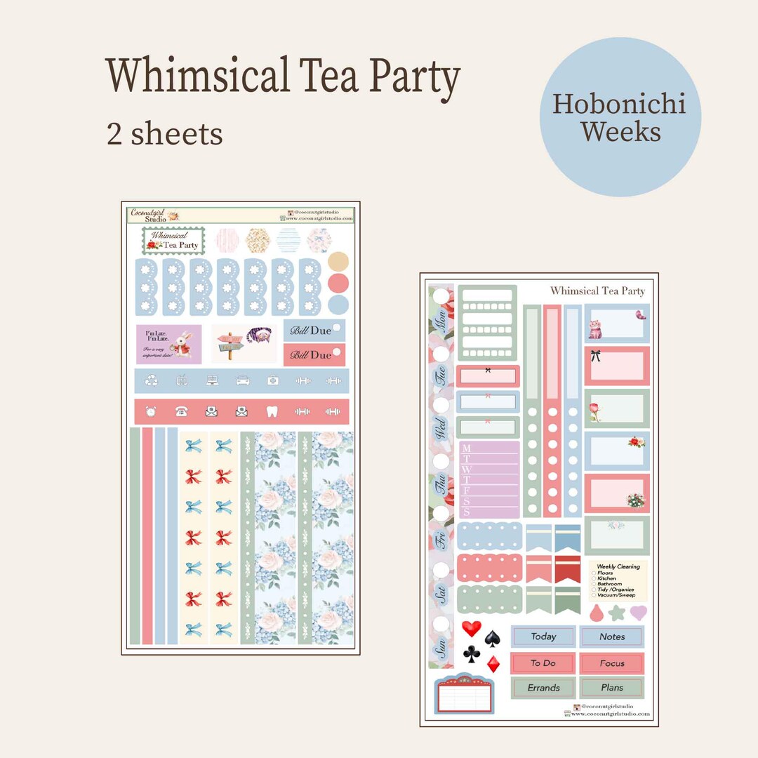 Whimsical Tea Party Planner Stickers, Hobonichi Weeks Kit - Etsy
