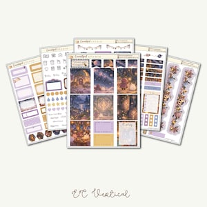 May include: A collection of five sticker sheets labeled "Starlight Voyagers" and "EC Vertical" featuring celestial and fantasy illustrations, including planets, starry skies, cozy buildings, floral garlands, functional boxes, and icons in purple and gold.