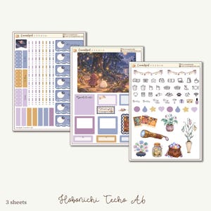May include: Three sheets of decorative planner stickers featuring a fantasy forest scene, various icons, and functional labels. The sheets include illustrations of a flashlight, potted plants, a jar of lights, and a pouch, all labeled with the text Hobonichi Techo A6.