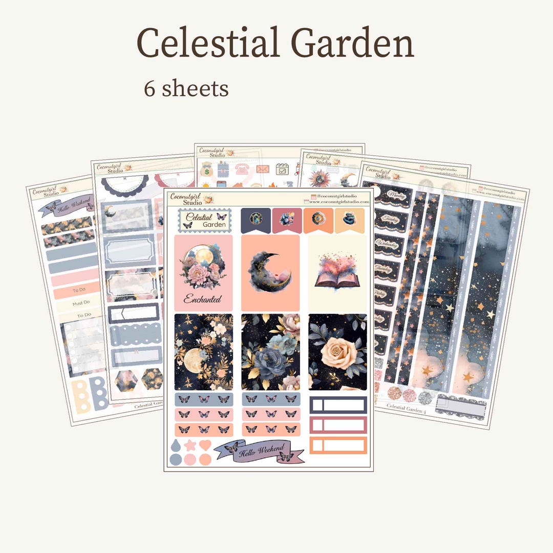 Celestial Garden Planner Sticker Kit | Moon Floral Weekly Functional ...
