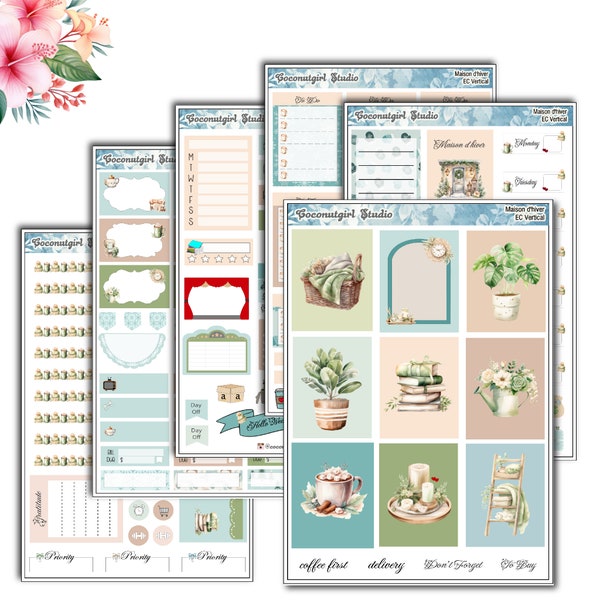 Maison d'hiver Weekly Kit | EC Vertical | Happy Planner | Hobonichi Cousin | Hobonichi Weeks | plants | winter | planner stickers