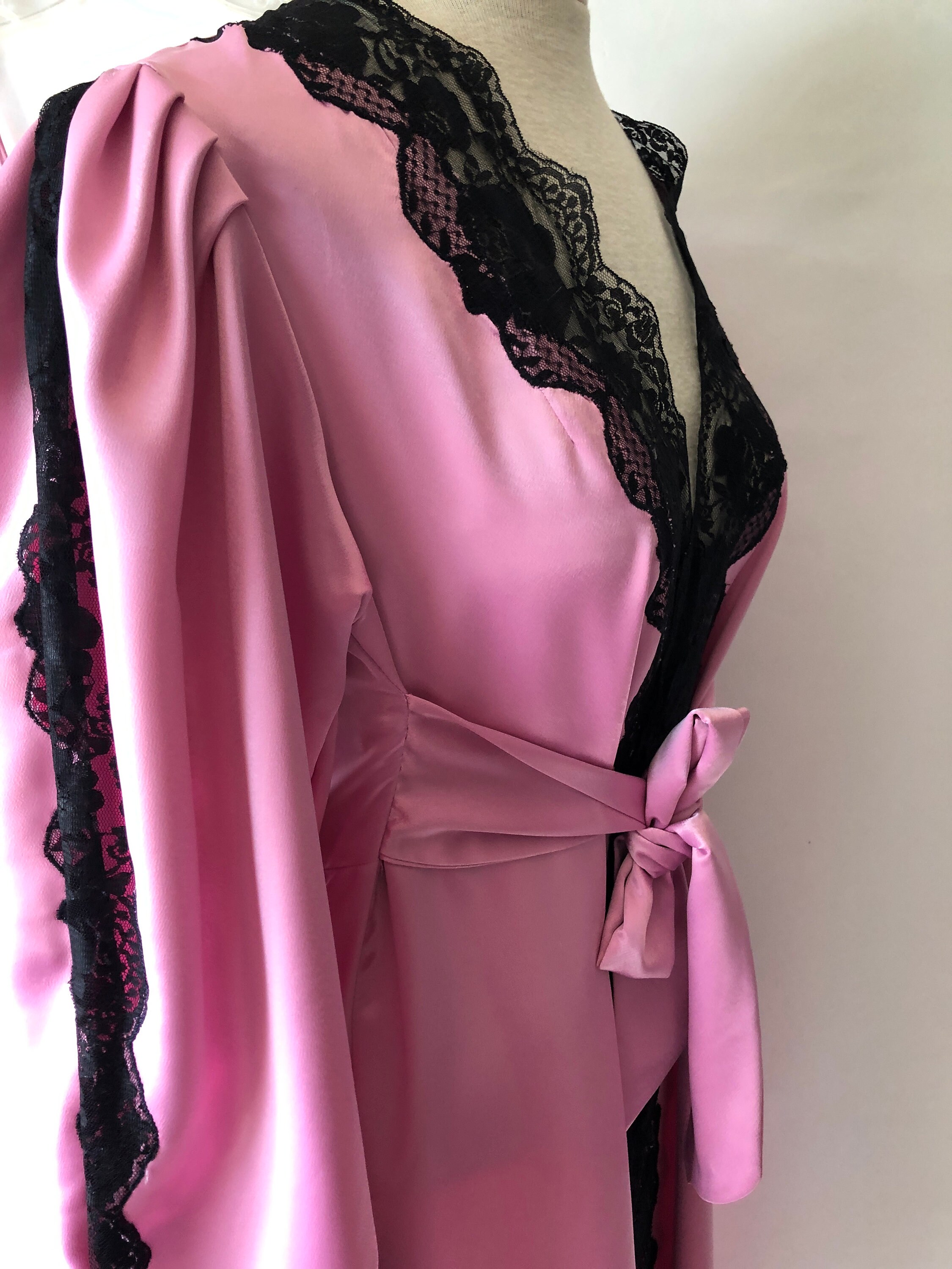 Satin Nightgown and Robe Set Pink Satin Black Lace Peignoir | Etsy