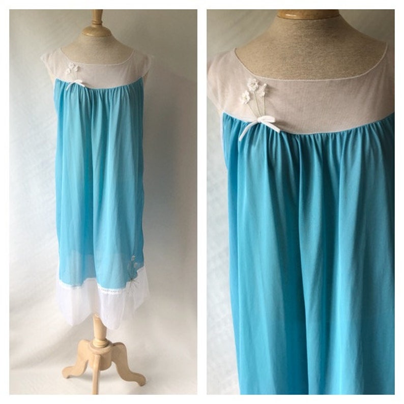 Vintage Chiffon /& Nylon Baby Doll Nightgown Blue and White Women/'s Lingerie PJ/'s