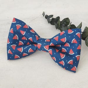 Watermelon Print Dog Bow Tie: Navy Cotton Collar Attachment, USA Handmade