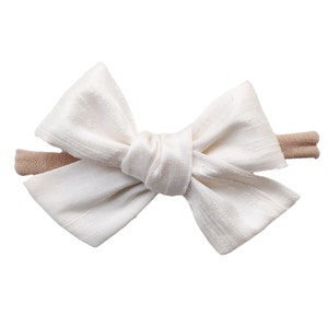 White Silk Baby Bow Headband: Newborn & Infant Baptism Christening Hair Bow