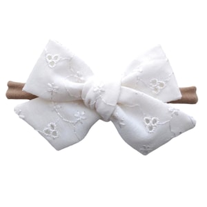 White Eyelet Baby Girl Bow: Baptism Christening Headband, Newborn Infant Bow