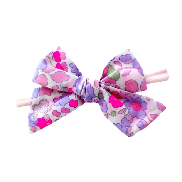 Liberty bows for girls in Betsy Neon print, baby and toddler bow, pink and purple floral bow, newborn gift