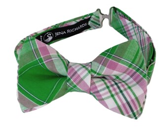 Green plaid bow tie, for boys, for toddlers, for babies, for ring bearer, green and pink bow ties