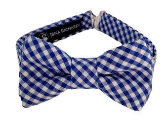 Royal blue gingham bow ties, pre-tied bow tie for men, cotton bow tie for boys, baby and toddler, ring bearer gift