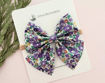 Purple sailor bows in Liberty London Betsy Ann floral print, large baby girl bow, infant bow headband, toddler bows