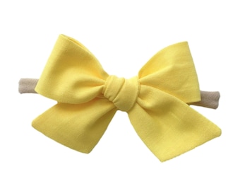 Yellow Baby Bow Headband: Handmade Cotton Pinwheel Hair Bow, Newborn & Infant