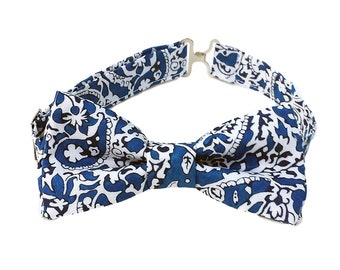 Boys navy paisley bow ties in Liberty London Lagos Laurel print, for toddlers and baby boys