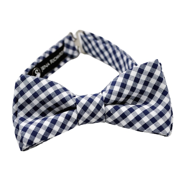 Navy gingham boys bow tie, for baby, for toddler, blue and white plaid bow ties for men