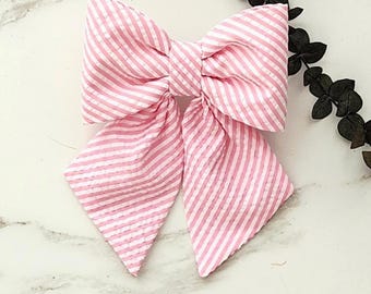 Pink Seersucker Dog Bow: Striped Pet Sailor Bows, Removable Collar Attachment, S - XL