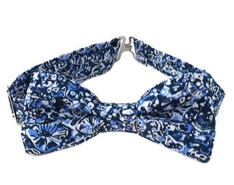 Navy blue boys bow ties in Liberty London Zoolites fabric, for toddlers and baby boys